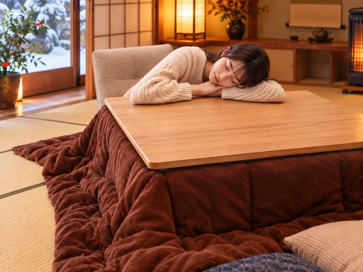 A cozy Japanese kotatsu table in winter